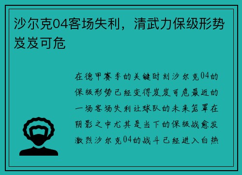 沙尔克04客场失利，清武力保级形势岌岌可危